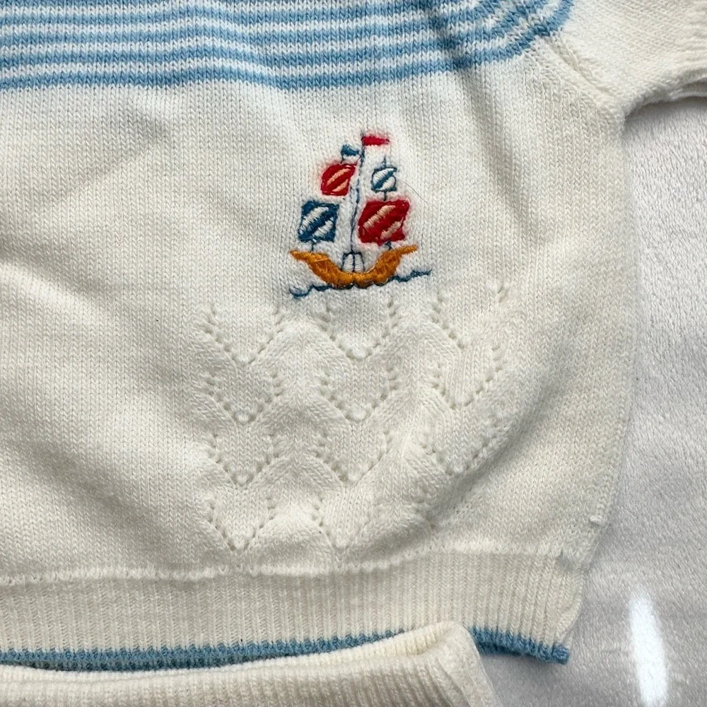 Vintage Miniatures in Fashion 2pc Set Baby Boy Knit Ship Outfit 0-3M Blue Ivory